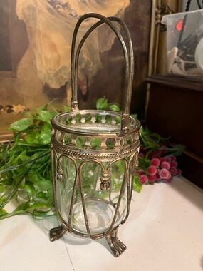 Candle Holder - Bouquet Vase - Silver /Glass - Footed/Handle - Vintage - Vanity